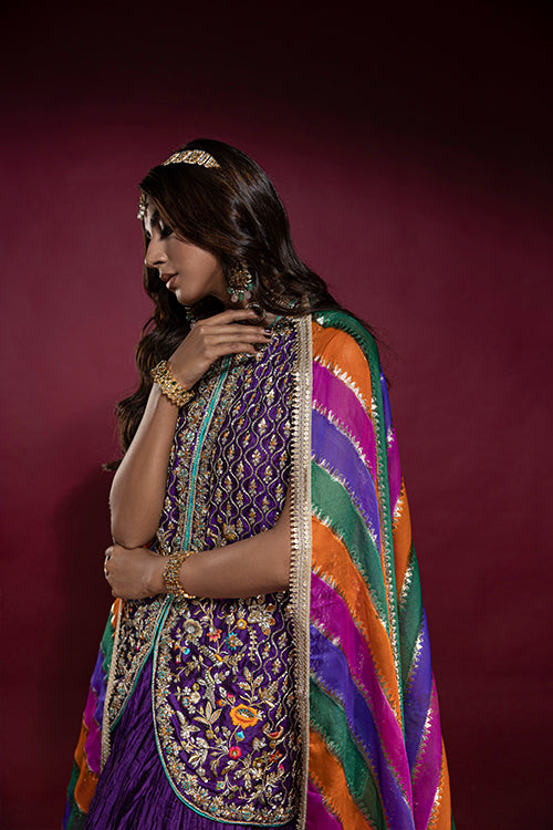 Purple Sleeveless Jacket with Crushed Lehnga and Chatta Patti Dupatta