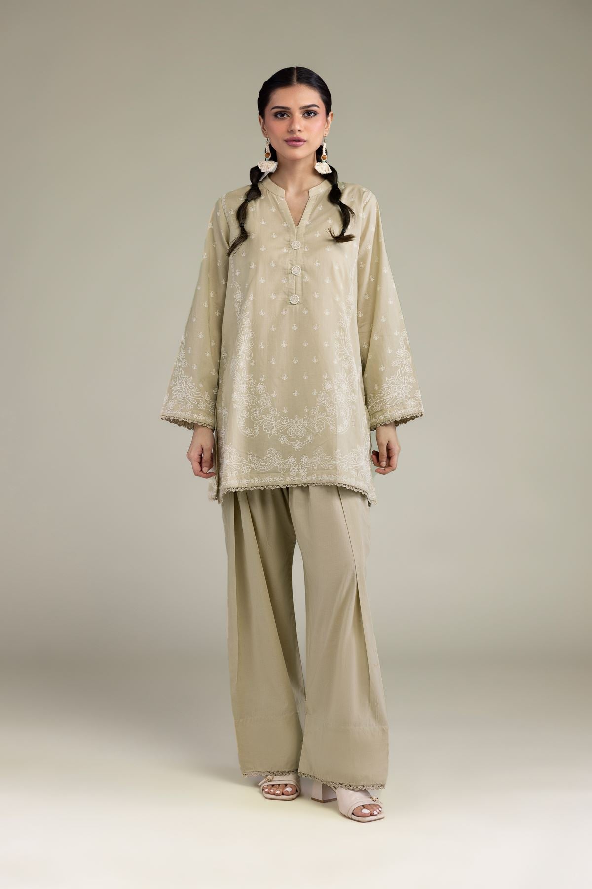Beige Band-Collar Kurta