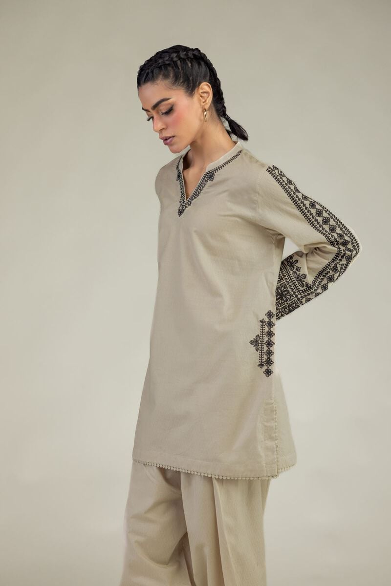 Beige V-Neck Kurta