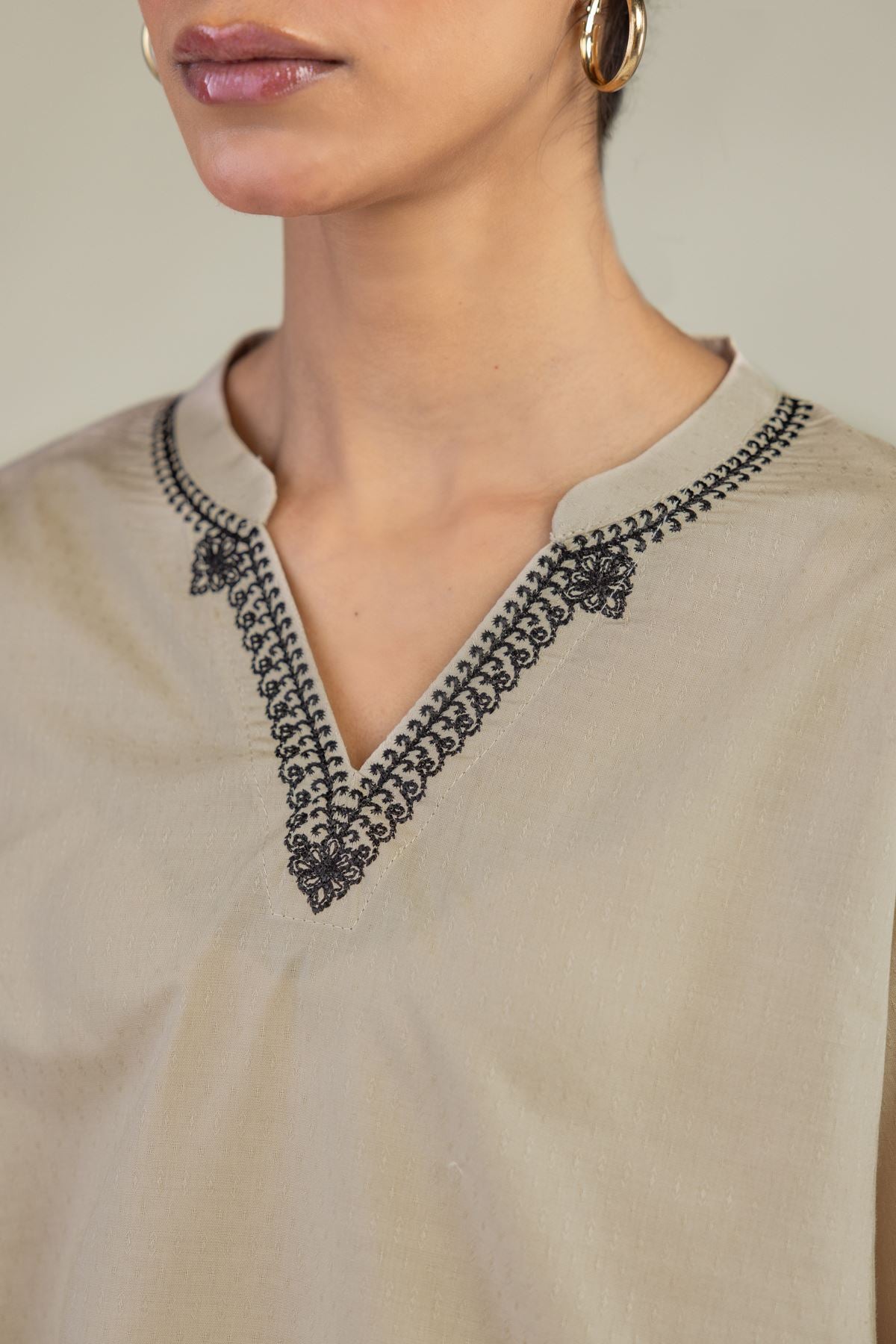 Beige V-Neck Kurta