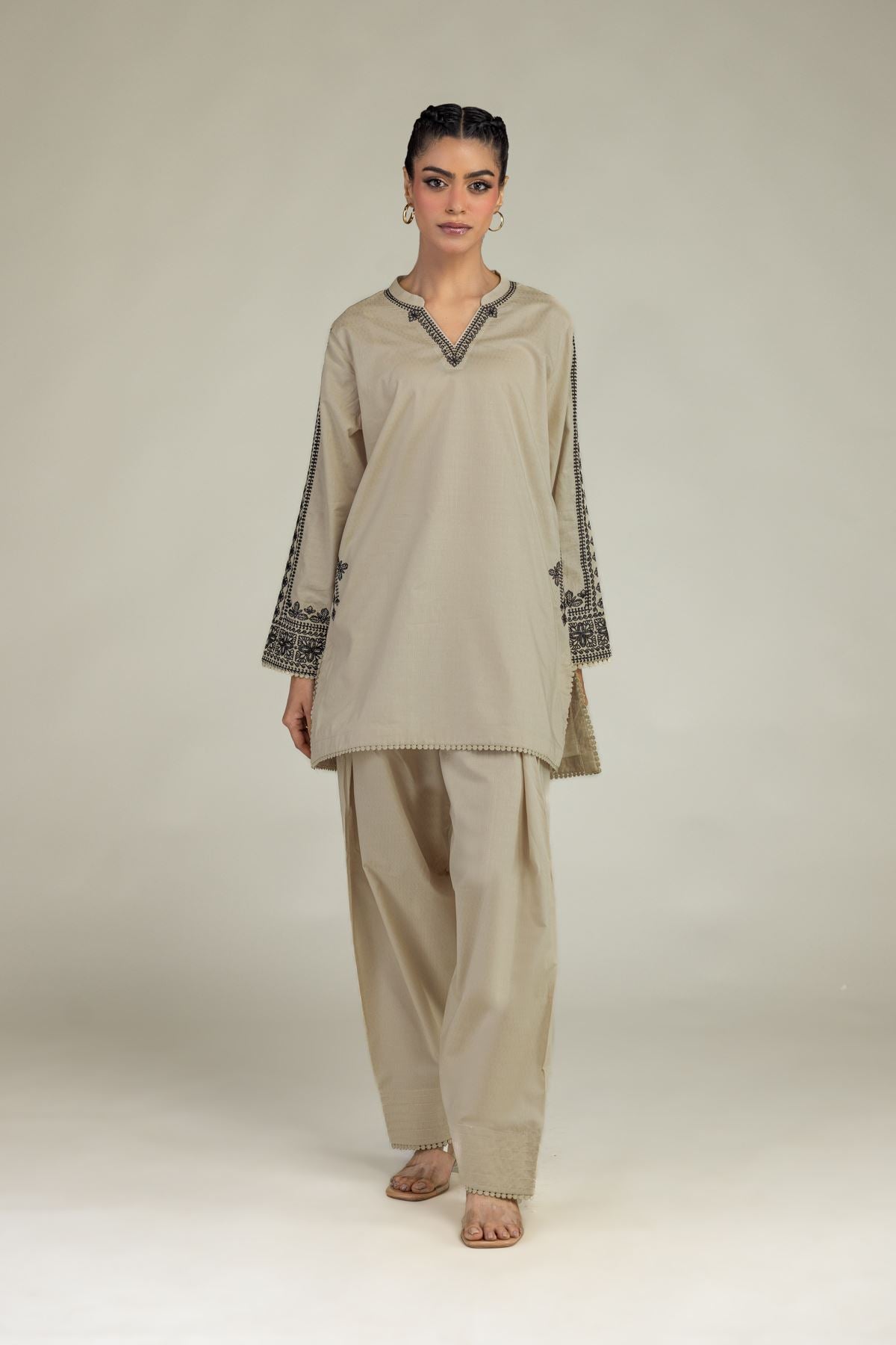 Beige V-Neck Kurta