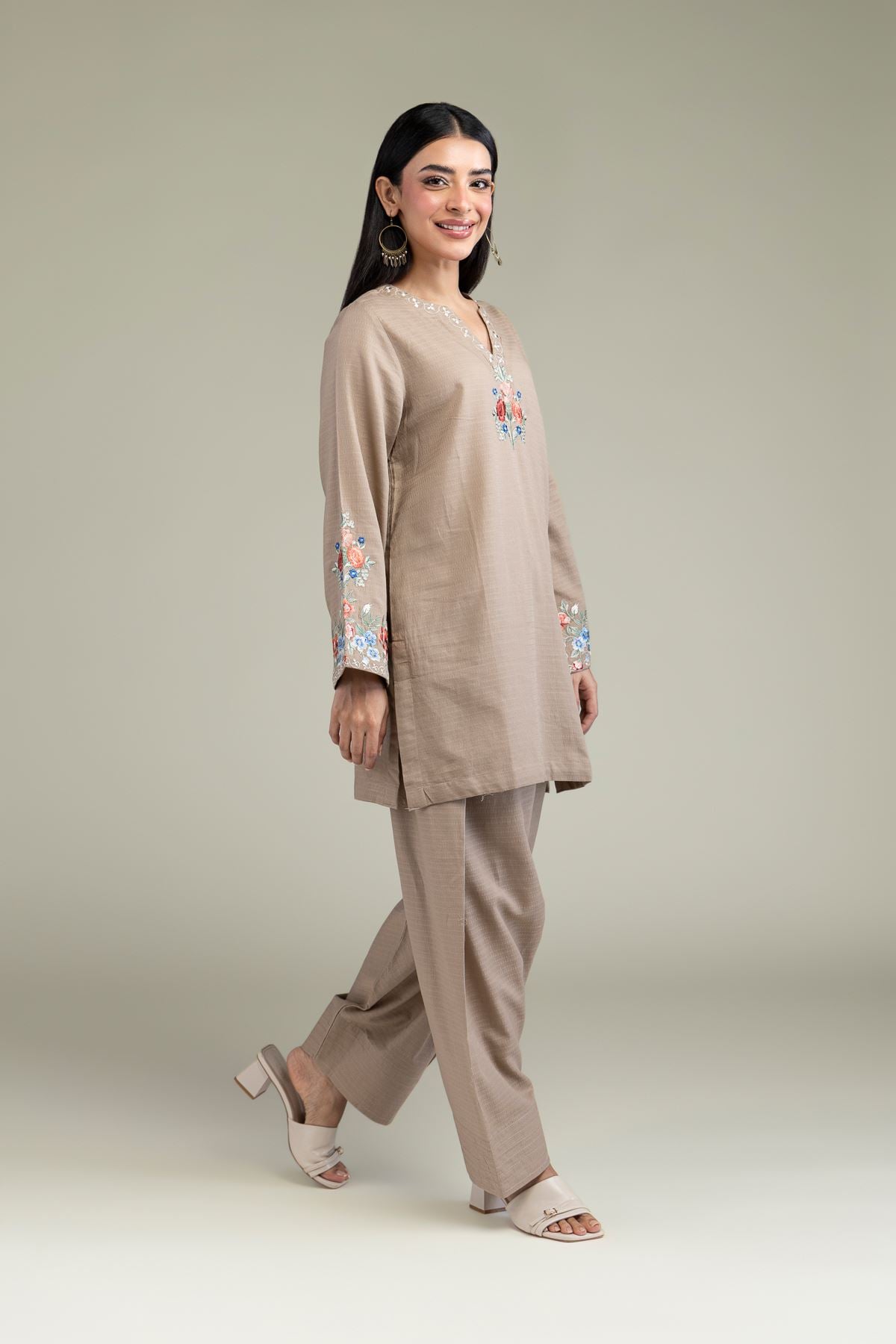 Beige Solid Pants