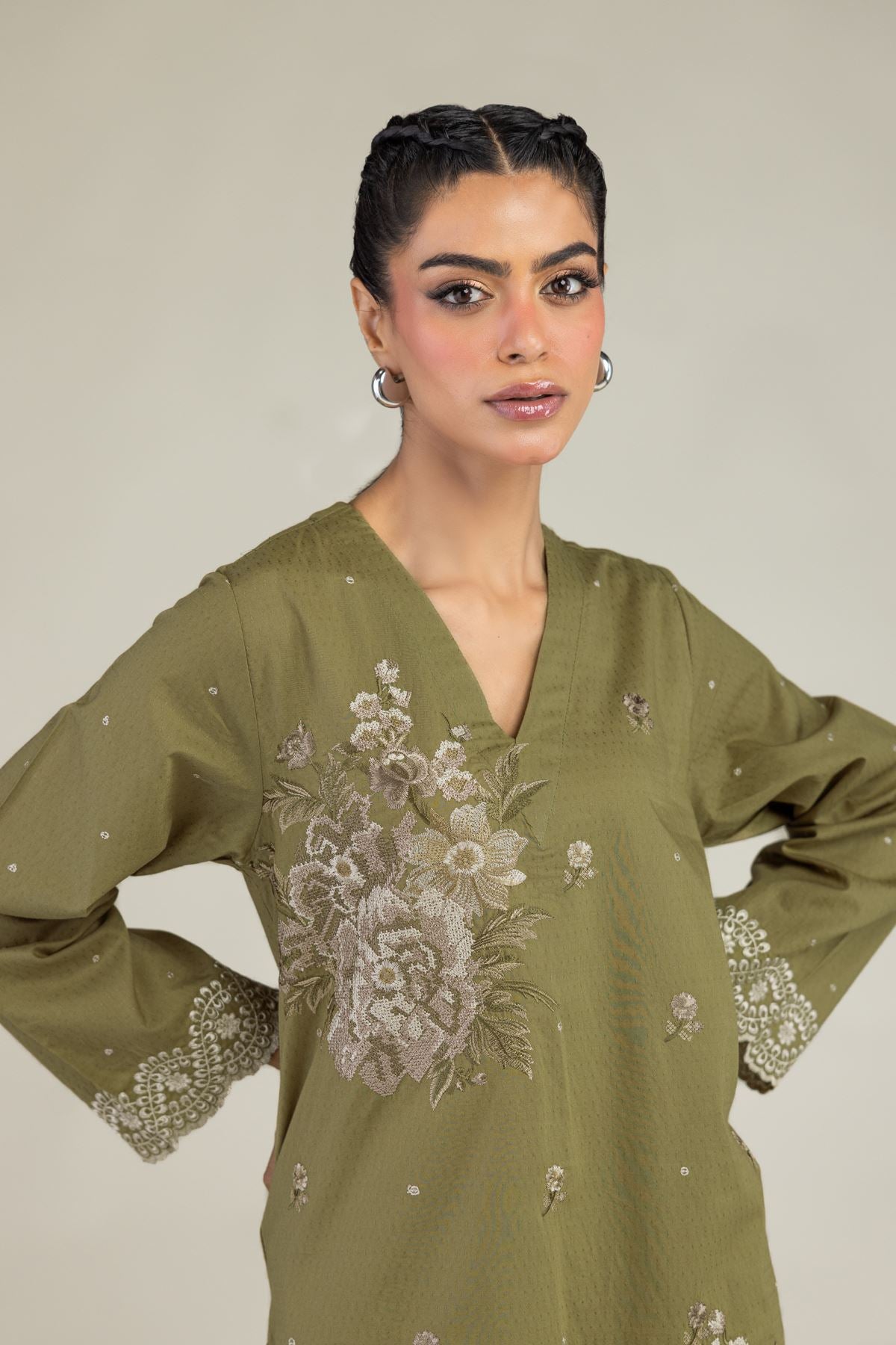 Olive V-Neck Kurta