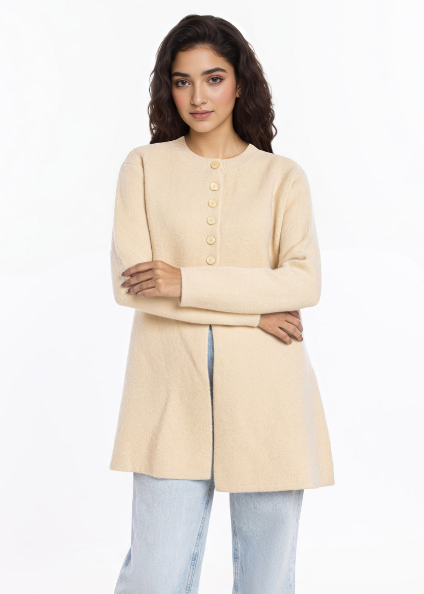 O-White-Round Neck Cardigan Full Sleeves Sweater (25Y-098-67)