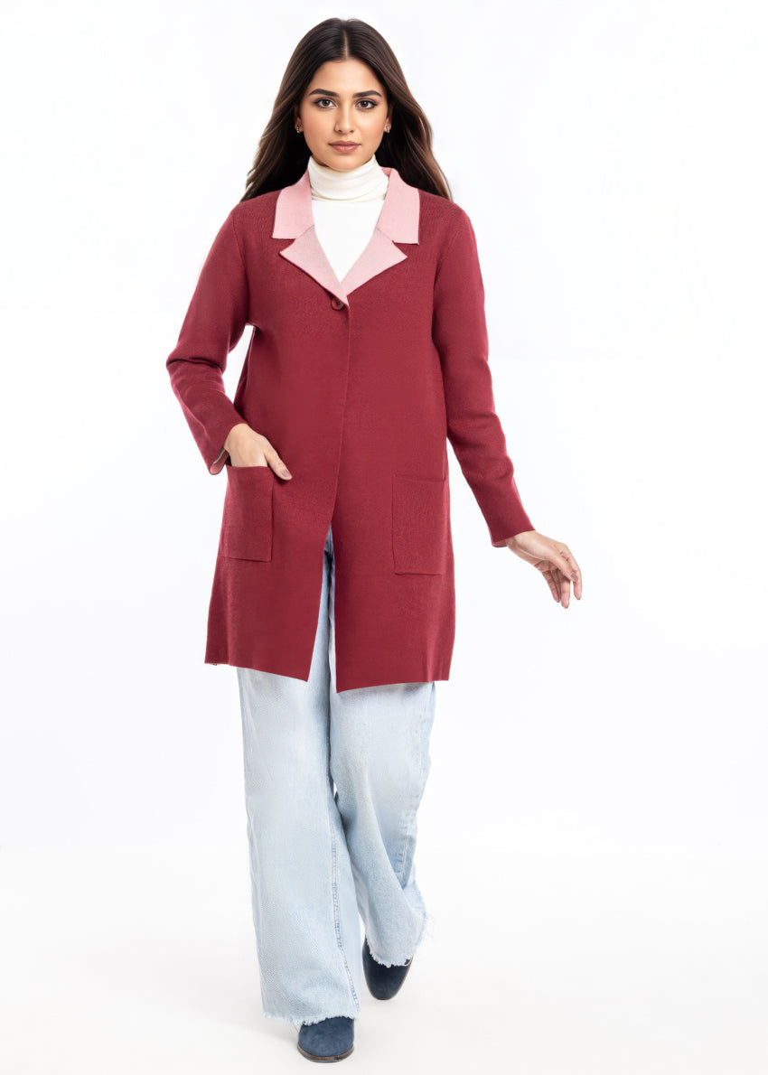 Maroon-Wing Collar Full Sleeves Cardigan Sweater (25Y-124-67)