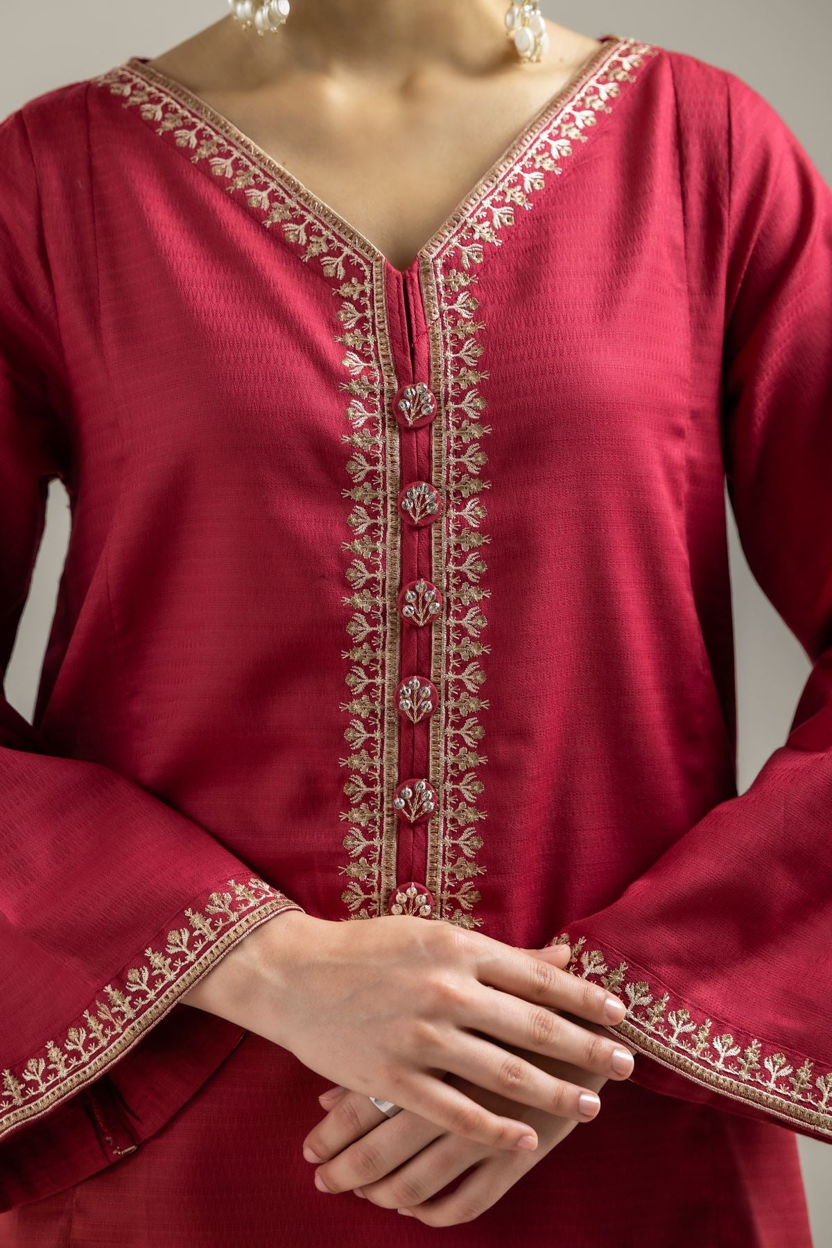 Maroon V-Neck Kurta