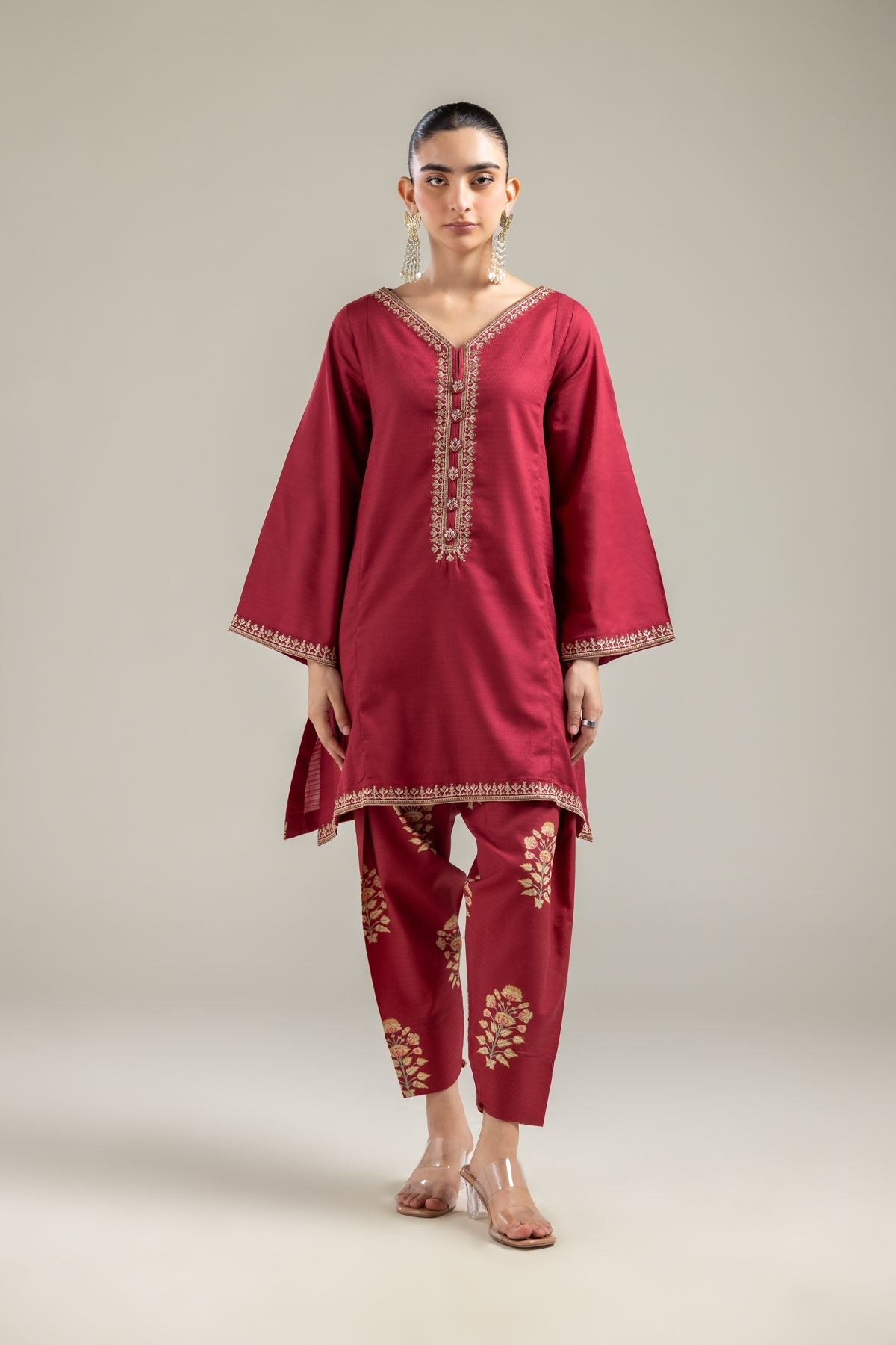 Maroon V-Neck Kurta