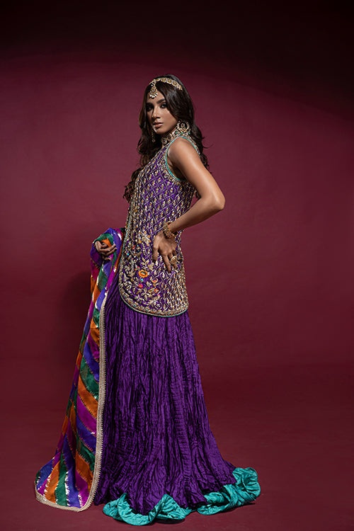 Purple Sleeveless Jacket with Crushed Lehnga and Chatta Patti Dupatta