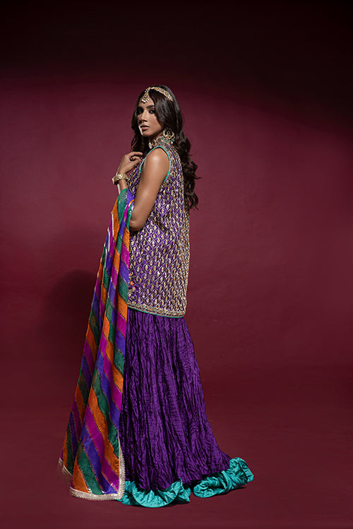 Purple Sleeveless Jacket with Crushed Lehnga and Chatta Patti Dupatta