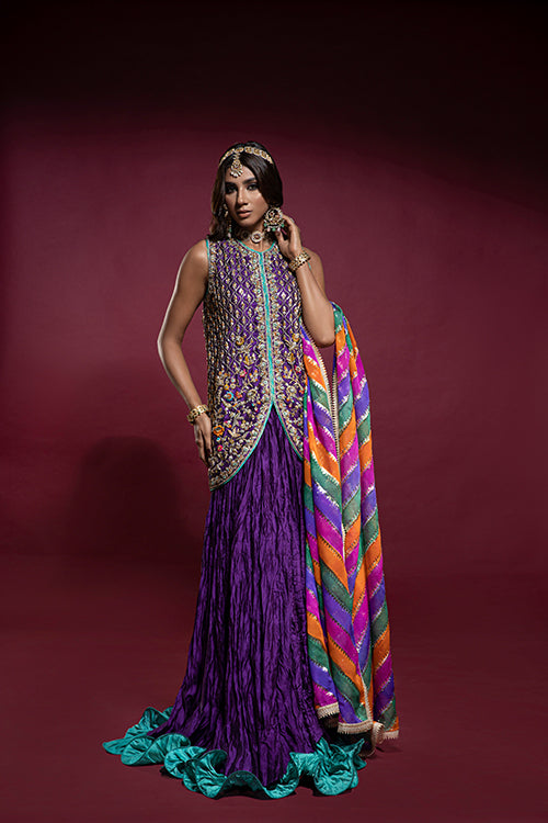 Purple Sleeveless Jacket with Crushed Lehnga and Chatta Patti Dupatta