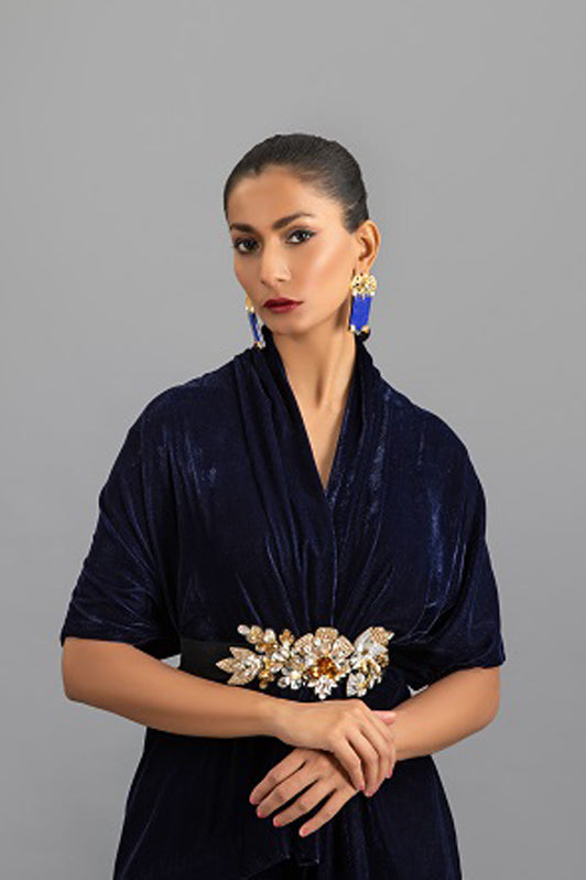 Blue Velvet Warp with 3D Motif Belt and Culotte Pants