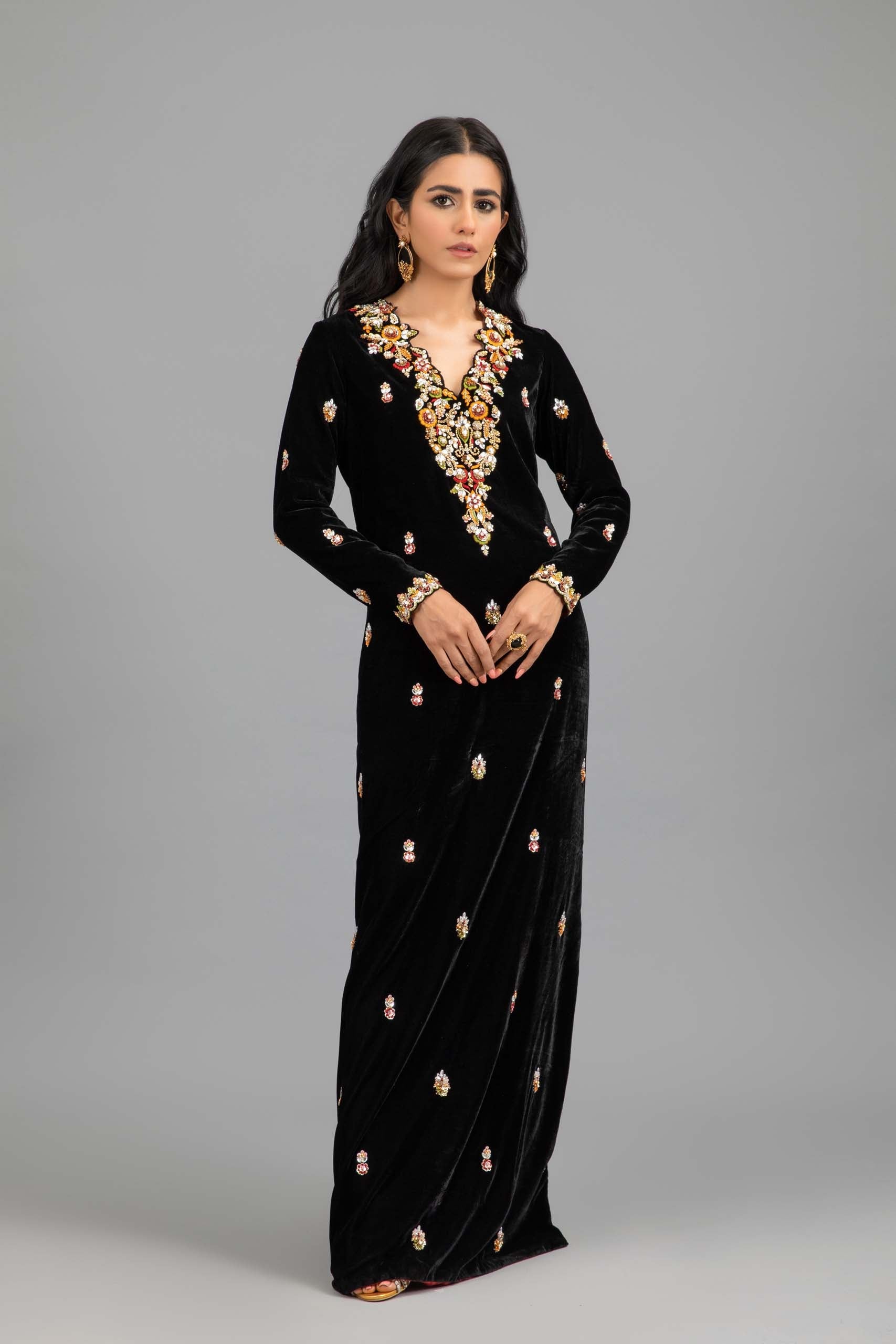 Black Georgette Kaftan with Embellished Neckline