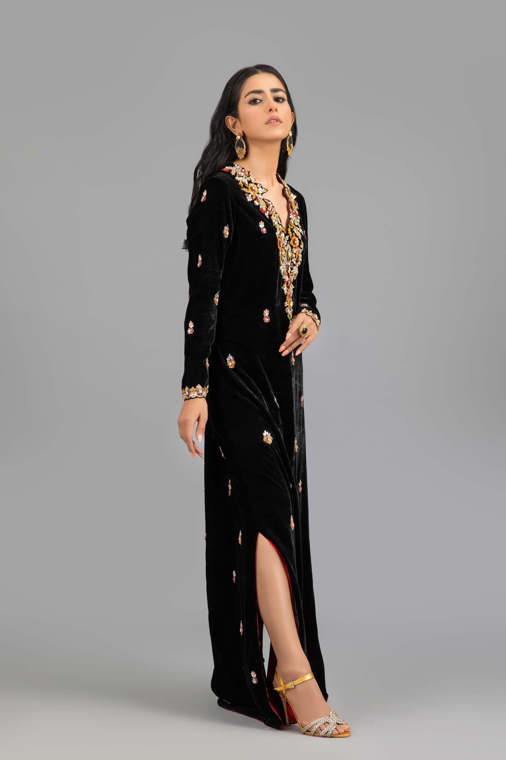Black Georgette Kaftan with Embellished Neckline