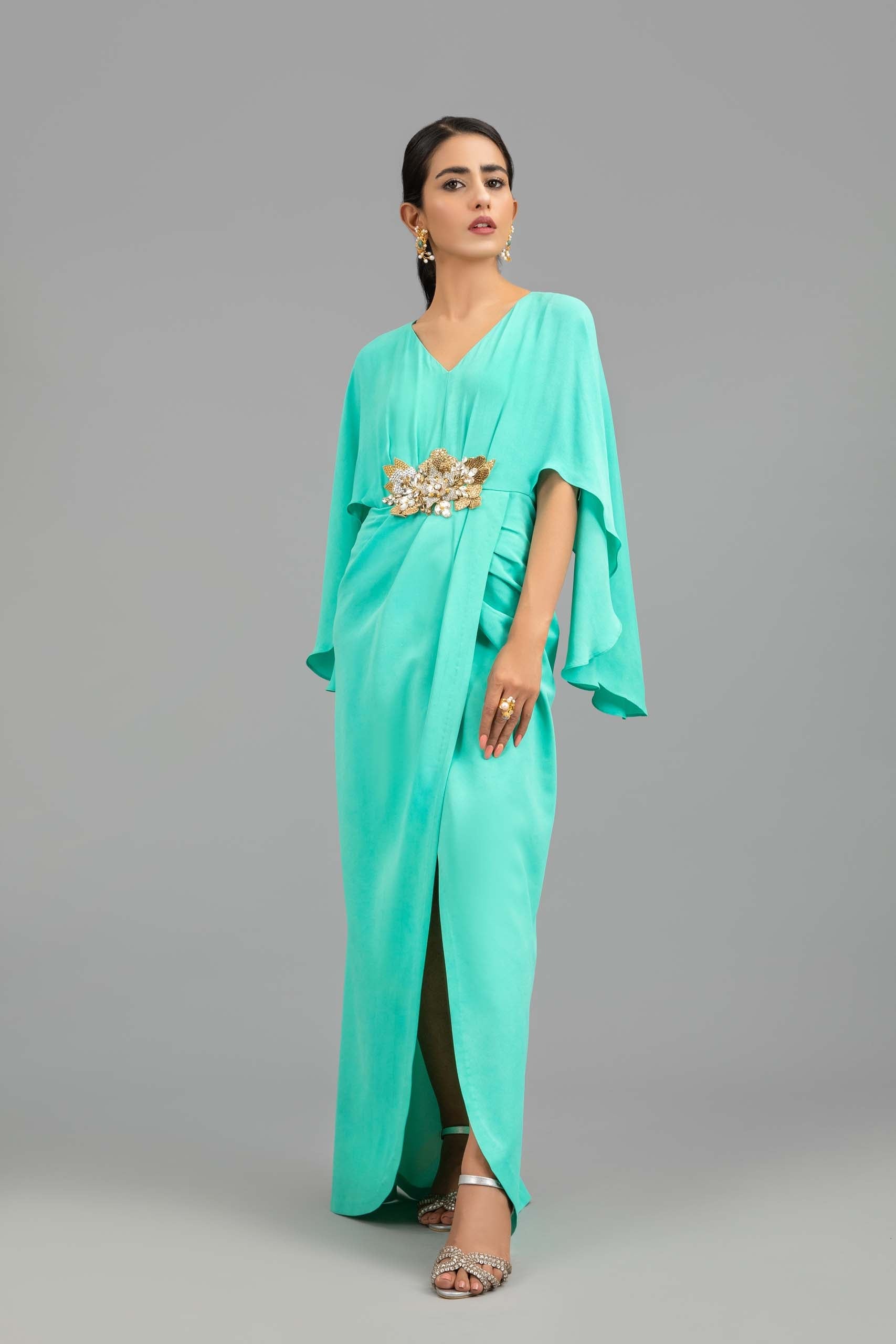 Turquoise Georgette Kaftan with 3d Embellished Motif