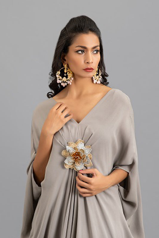 Draped Top with Crystal Flower Brooch and Flared Pants