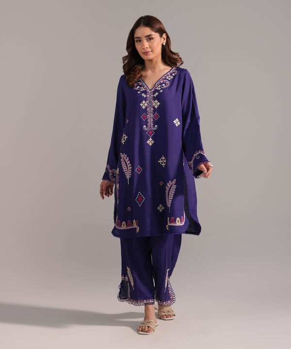 2 Piece - Embroidered Raw Silk Suit