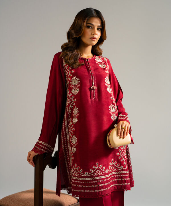 2 Piece - Embroidered Raw Silk Suit