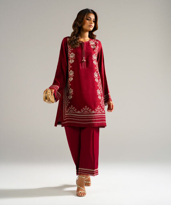 2 Piece - Embroidered Raw Silk Suit