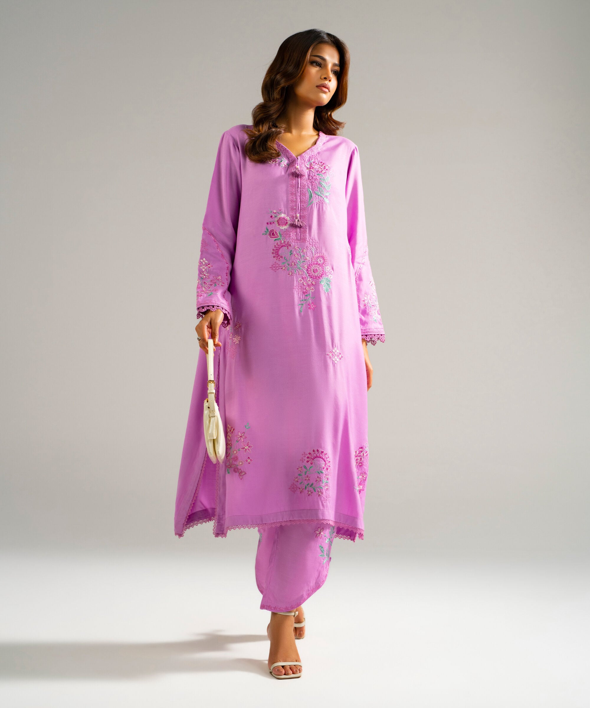 Women's RTW Raw Silk Embroidered Lilac 2 Piece Suit