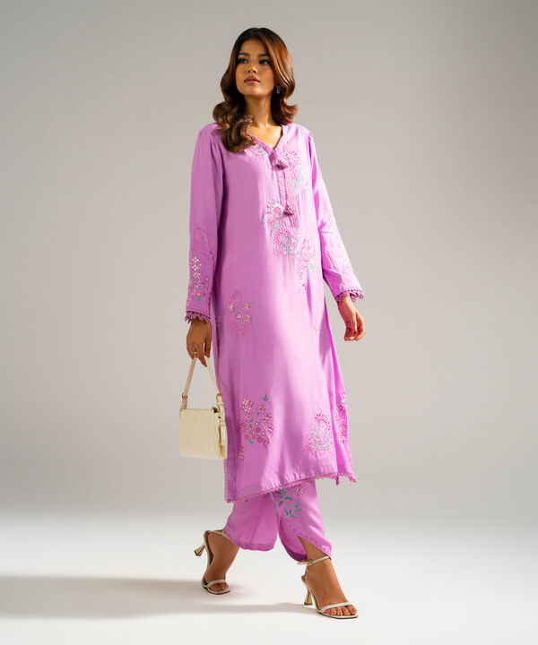 2 Piece - Embroidered Raw Silk Suit