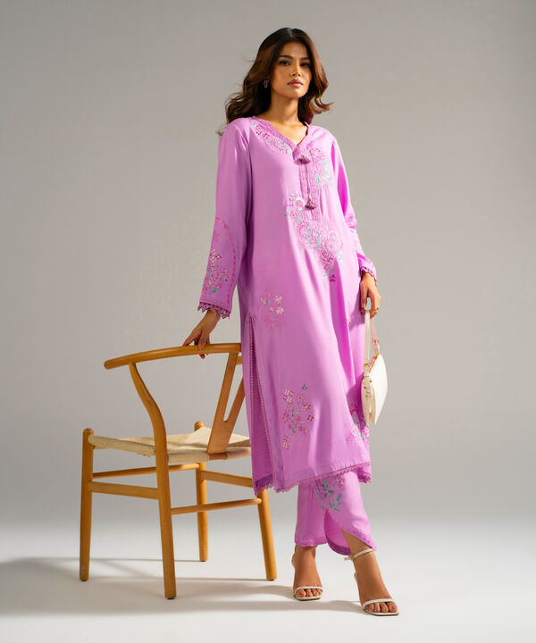 2 Piece - Embroidered Raw Silk Suit