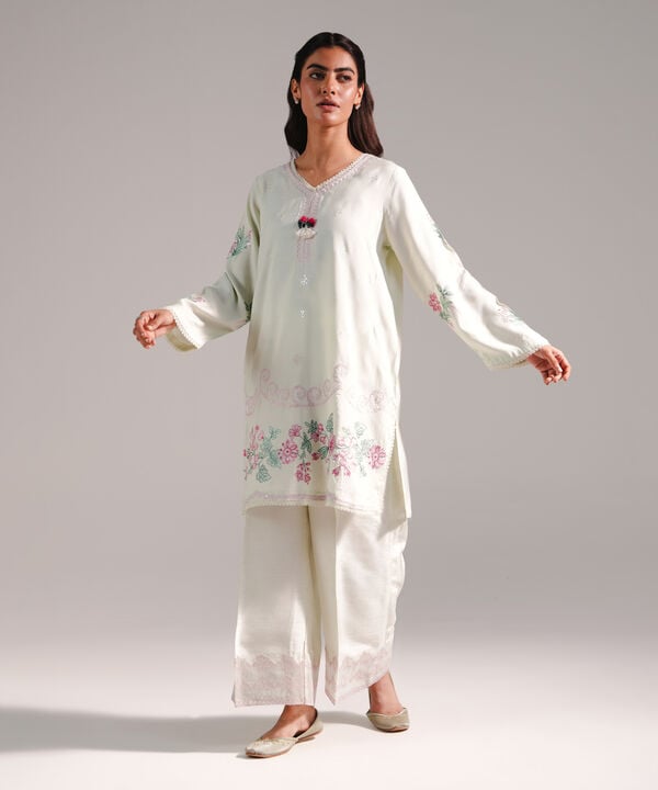 2 Piece - Embroidered Raw Silk Suit