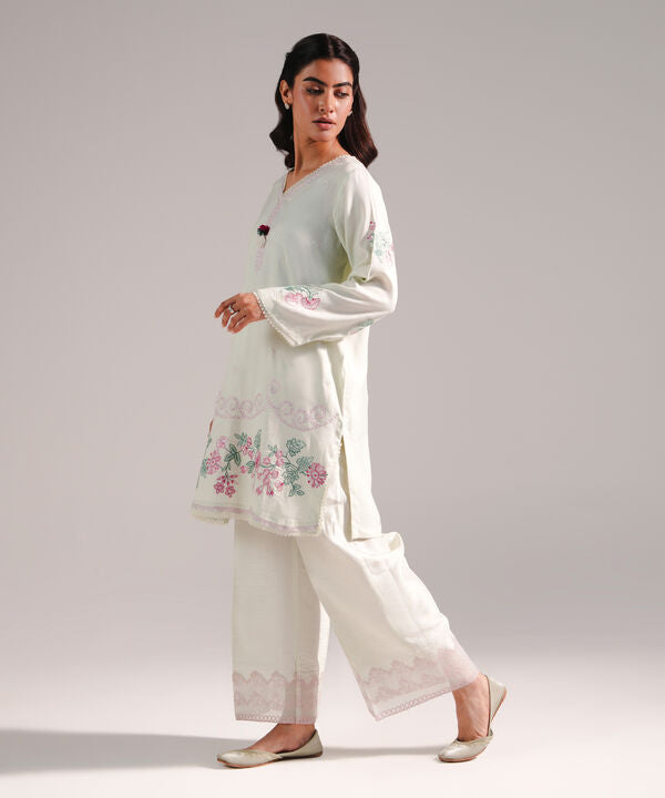 2 Piece - Embroidered Raw Silk Suit