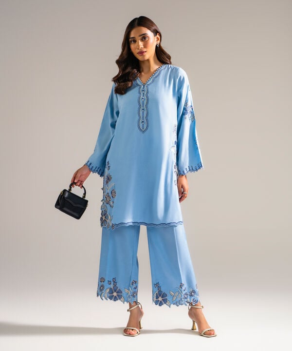 2 Piece - Embroidered Raw Silk Suit