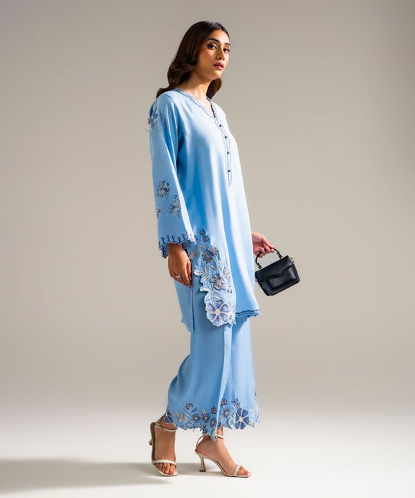 2 Piece - Embroidered Raw Silk Suit