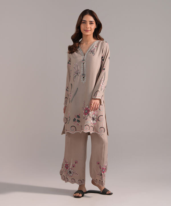 2 Piece - Embroidered Raw Silk Suit