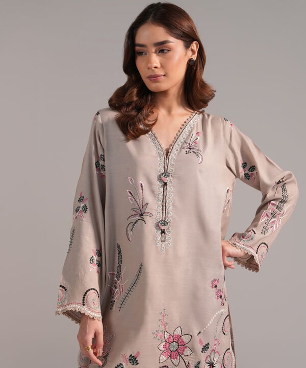 2 Piece - Embroidered Raw Silk Suit