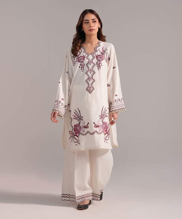 2 Piece - Embroidered Raw Silk Suit