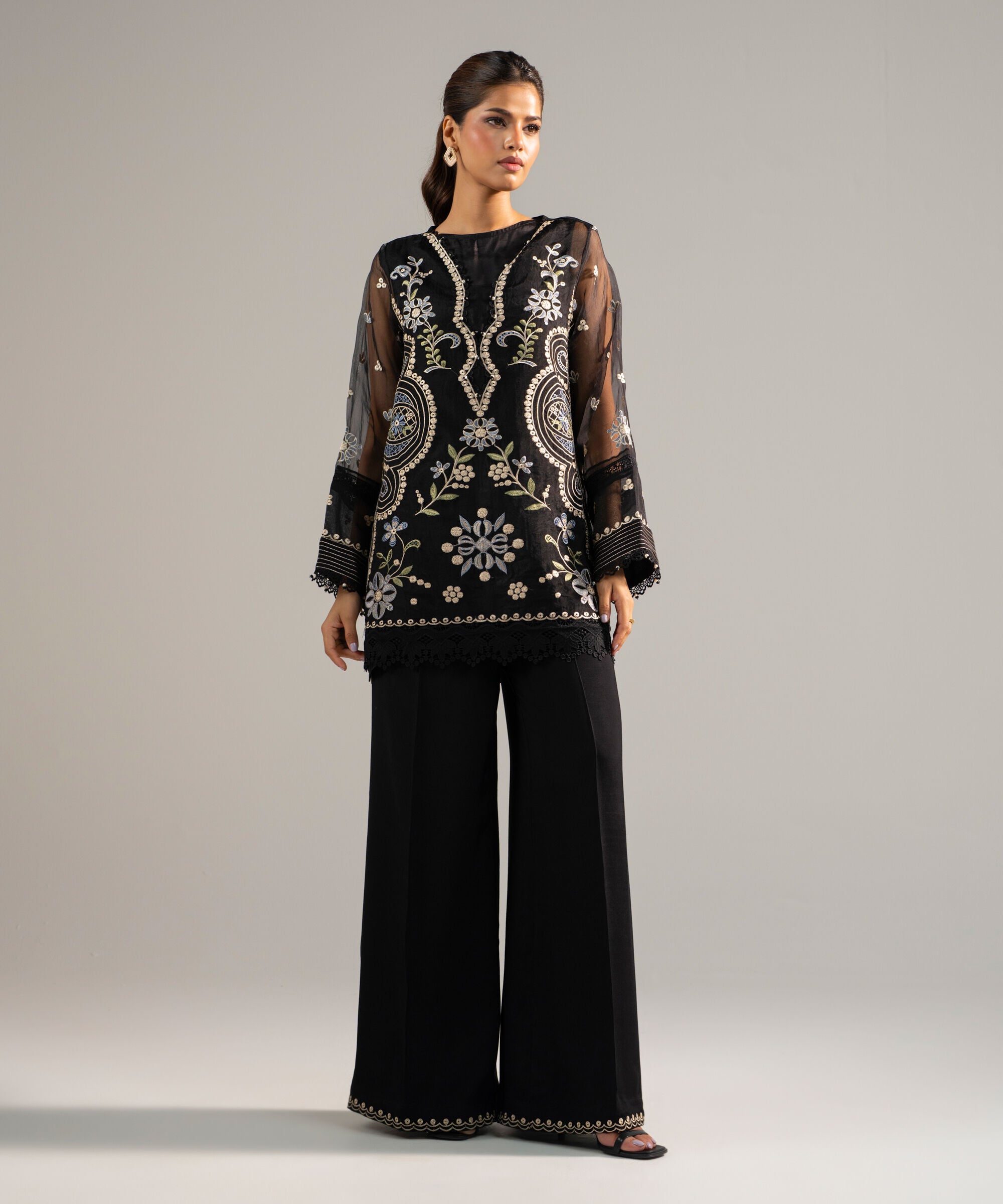 Women's RTW Organza Embroidered Black 2 Piece Suit