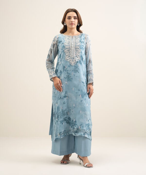 2 Piece - Embroidered Chiffon Suit