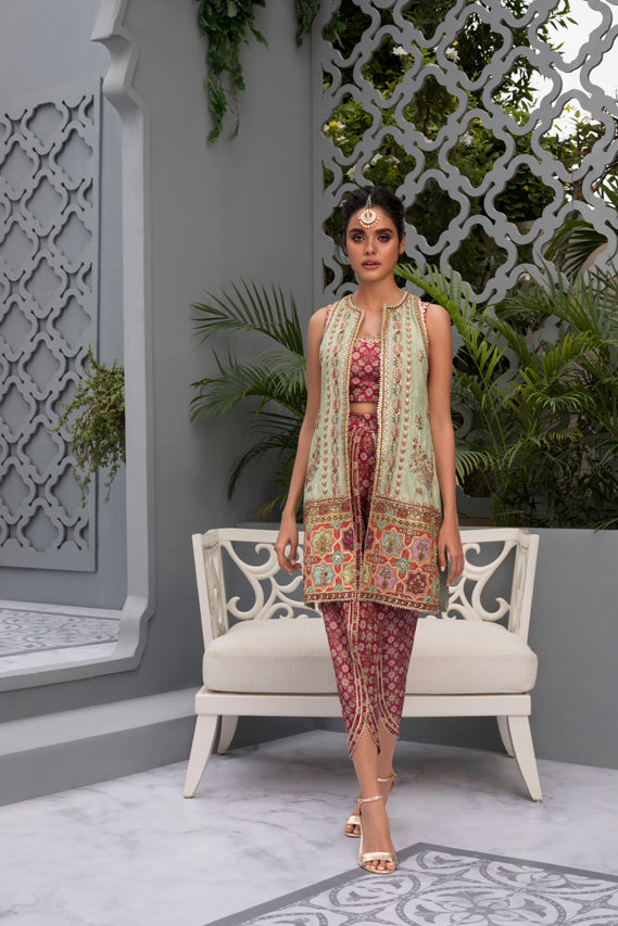 Mint Gota Silk Jacket With Printed Choli & Tulip Shalwar
