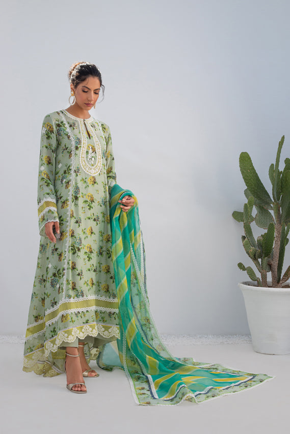 Pistachio Printed Silk Long Shirt With Organza Dupatta