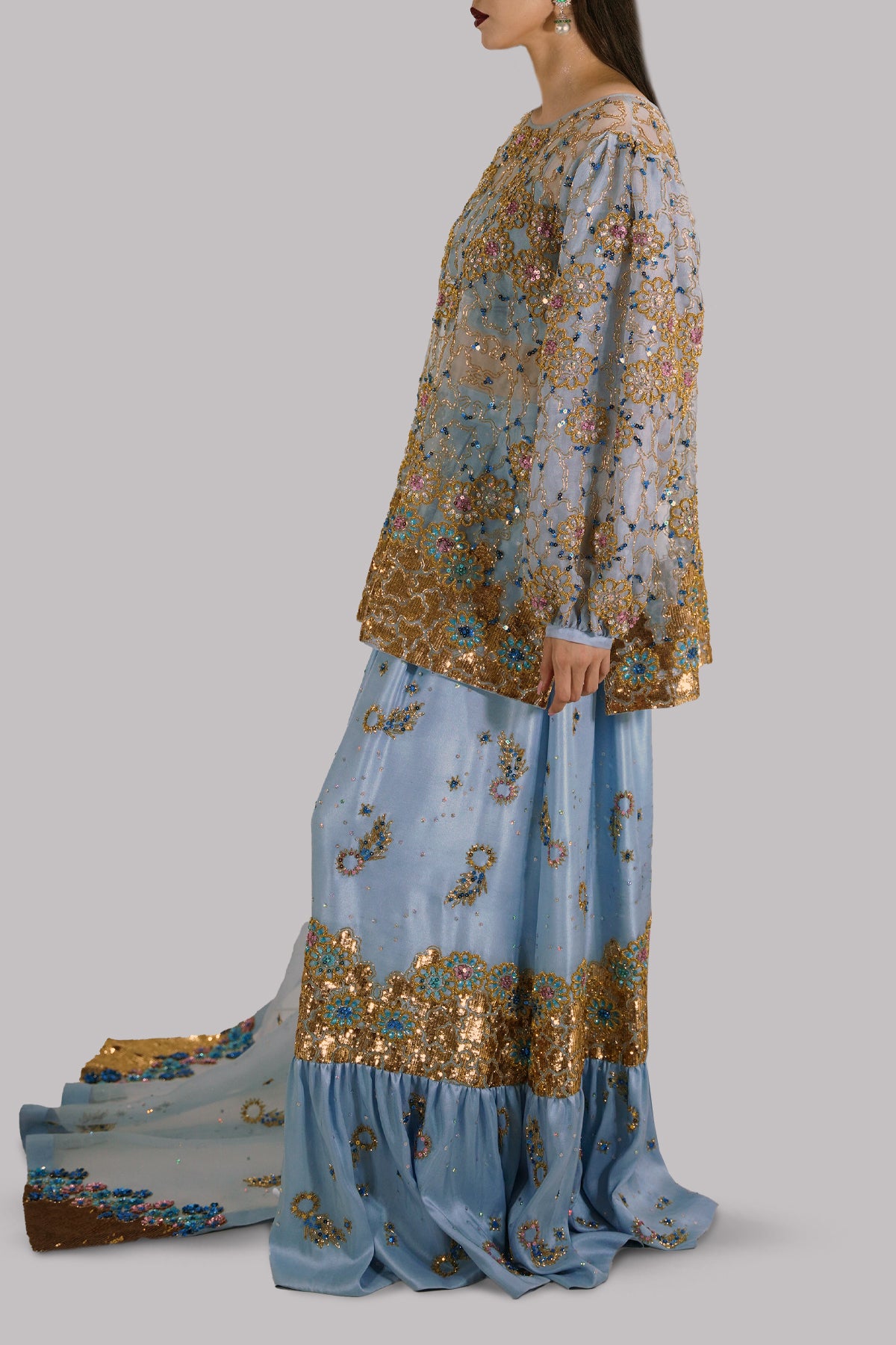 Cashmere Blue Embellished Organza Skirt Set