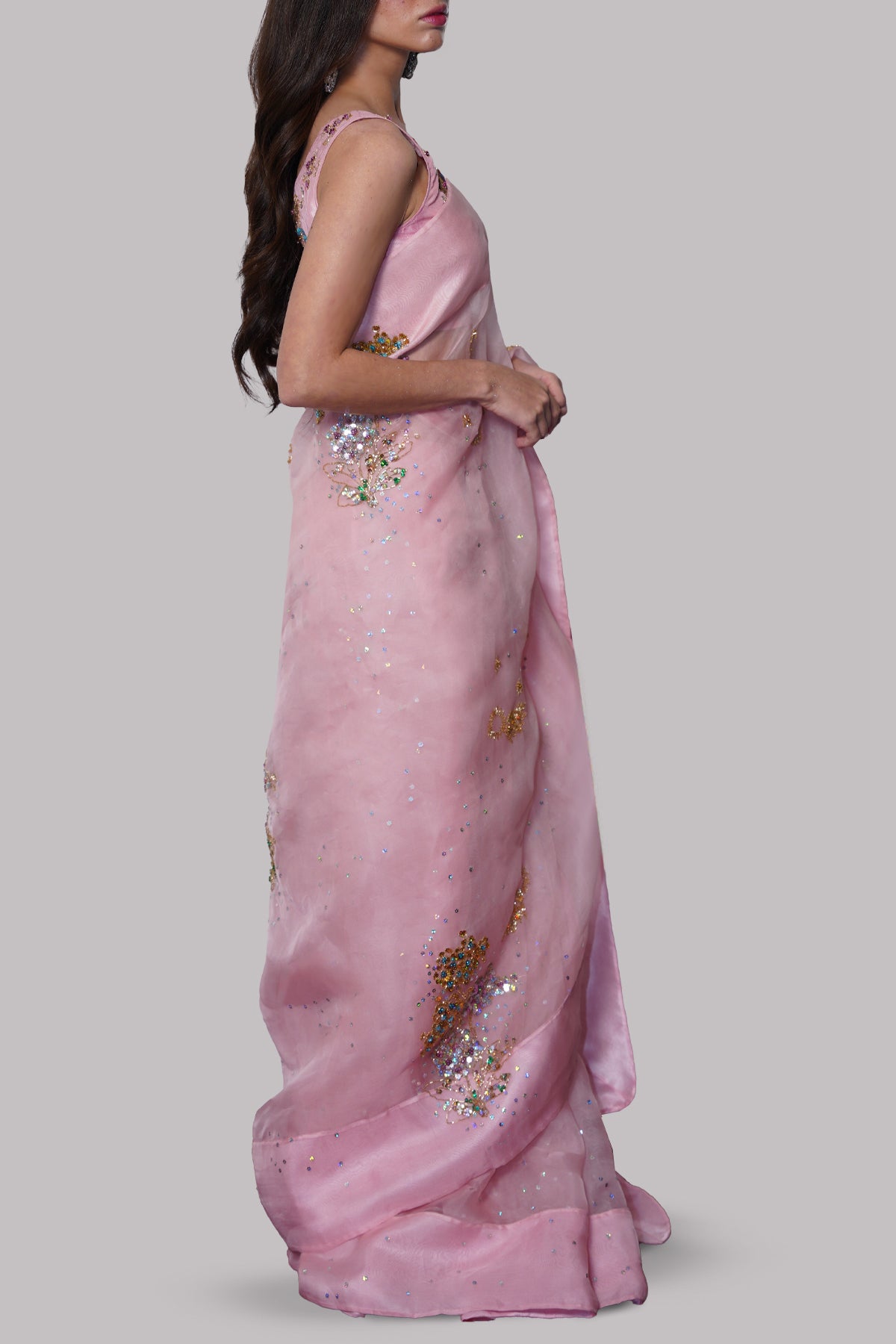 Sea Pink Embellished Organza Sari