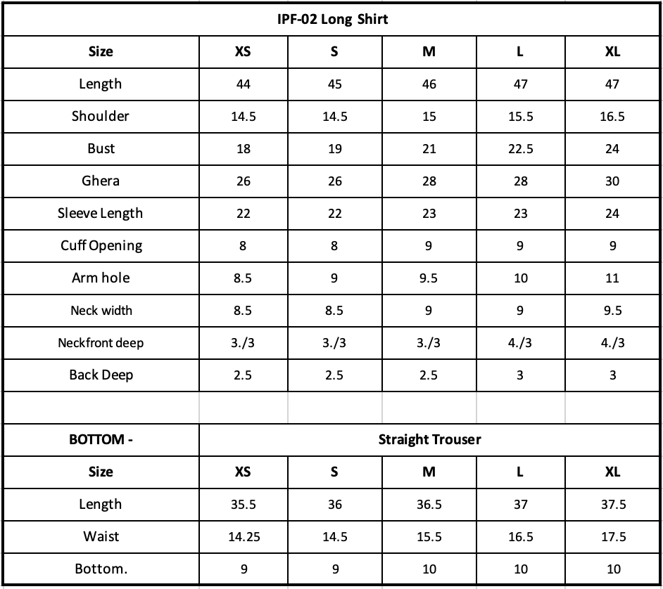 Size Chart (inches)