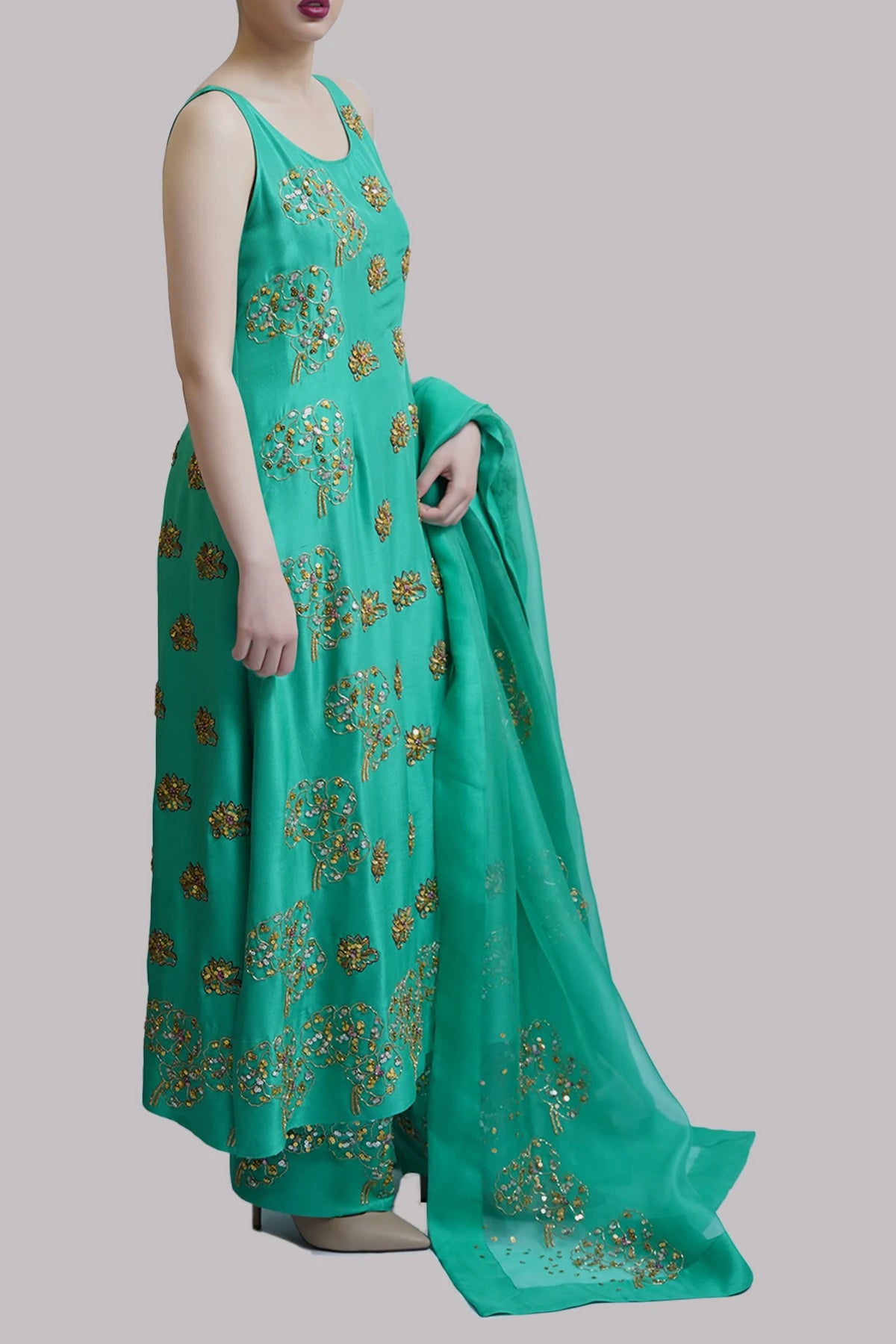 Mint Embellished Raw Silk Set