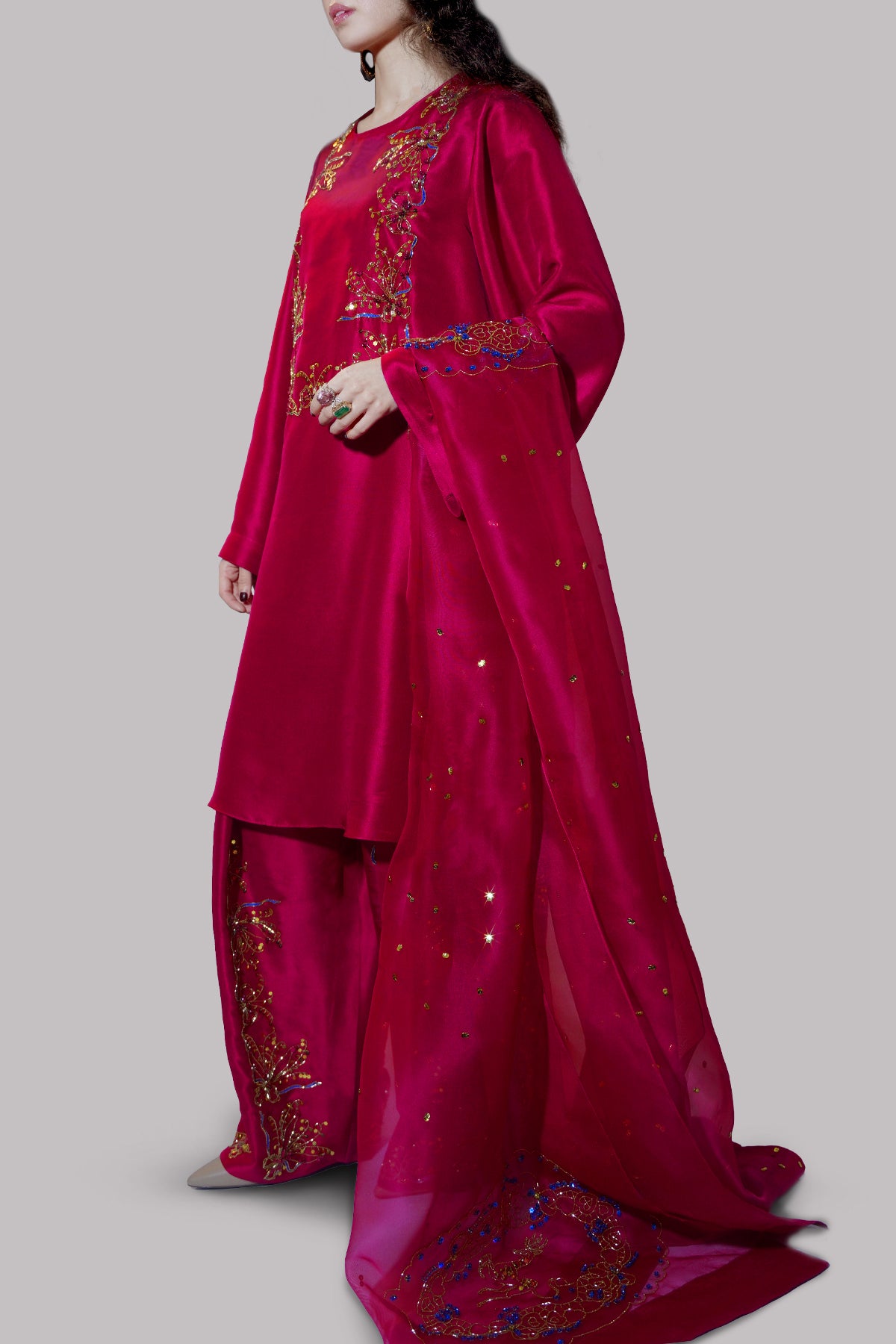 Tango Red Embellished Raw Silk Set