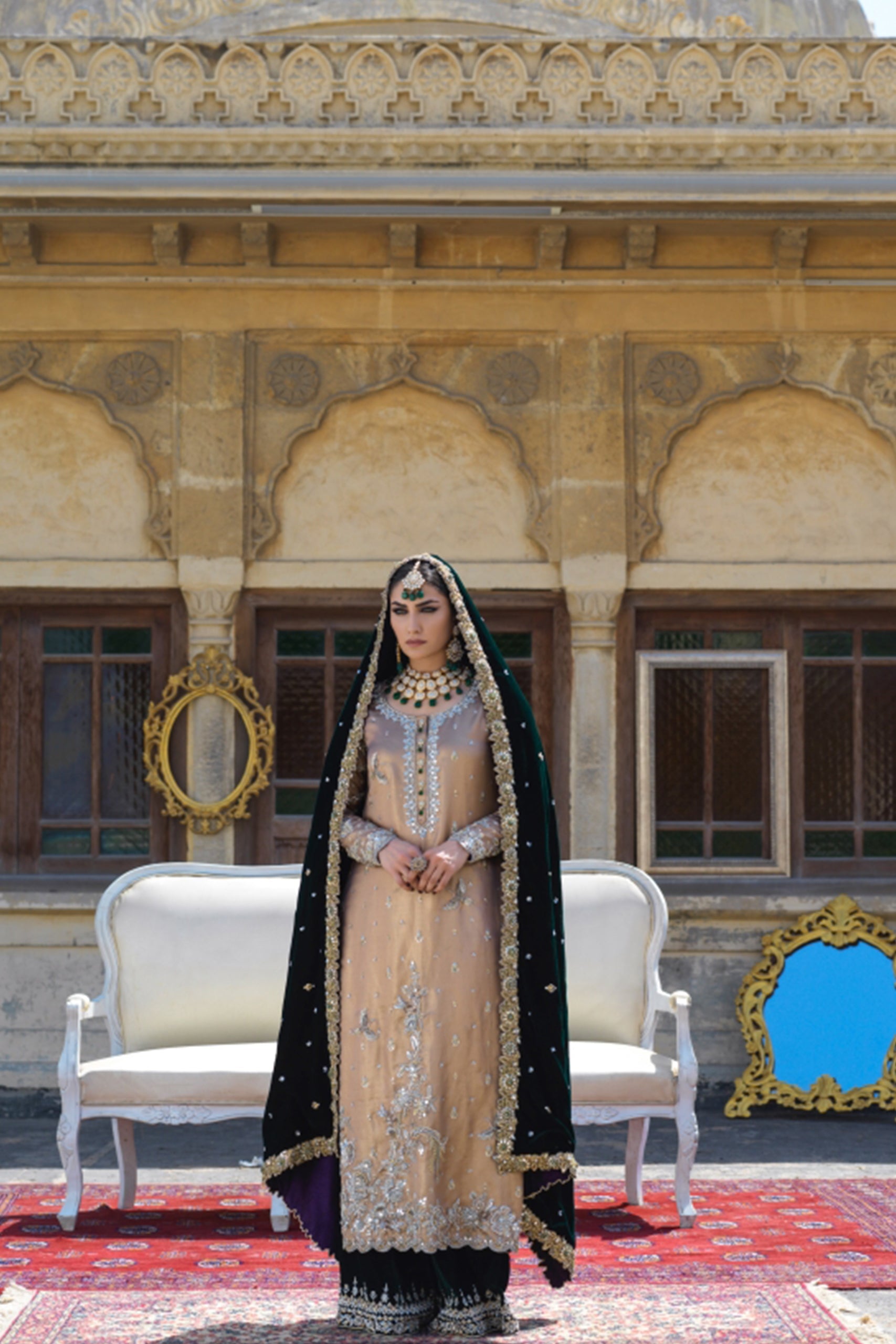 Rose Gold Lamé Tunic with Bottle Green Velvet Izaar and Chadar