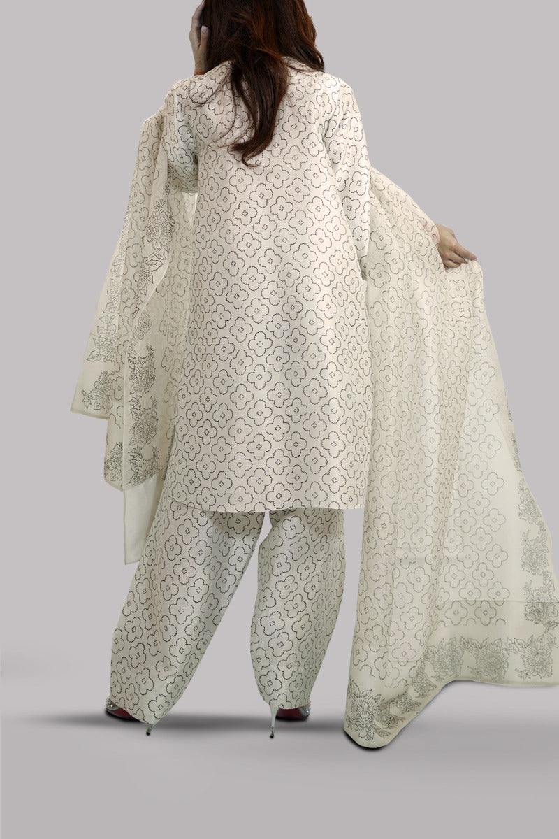 Egret Block Printed &amp; Embellished Raw Silk Set