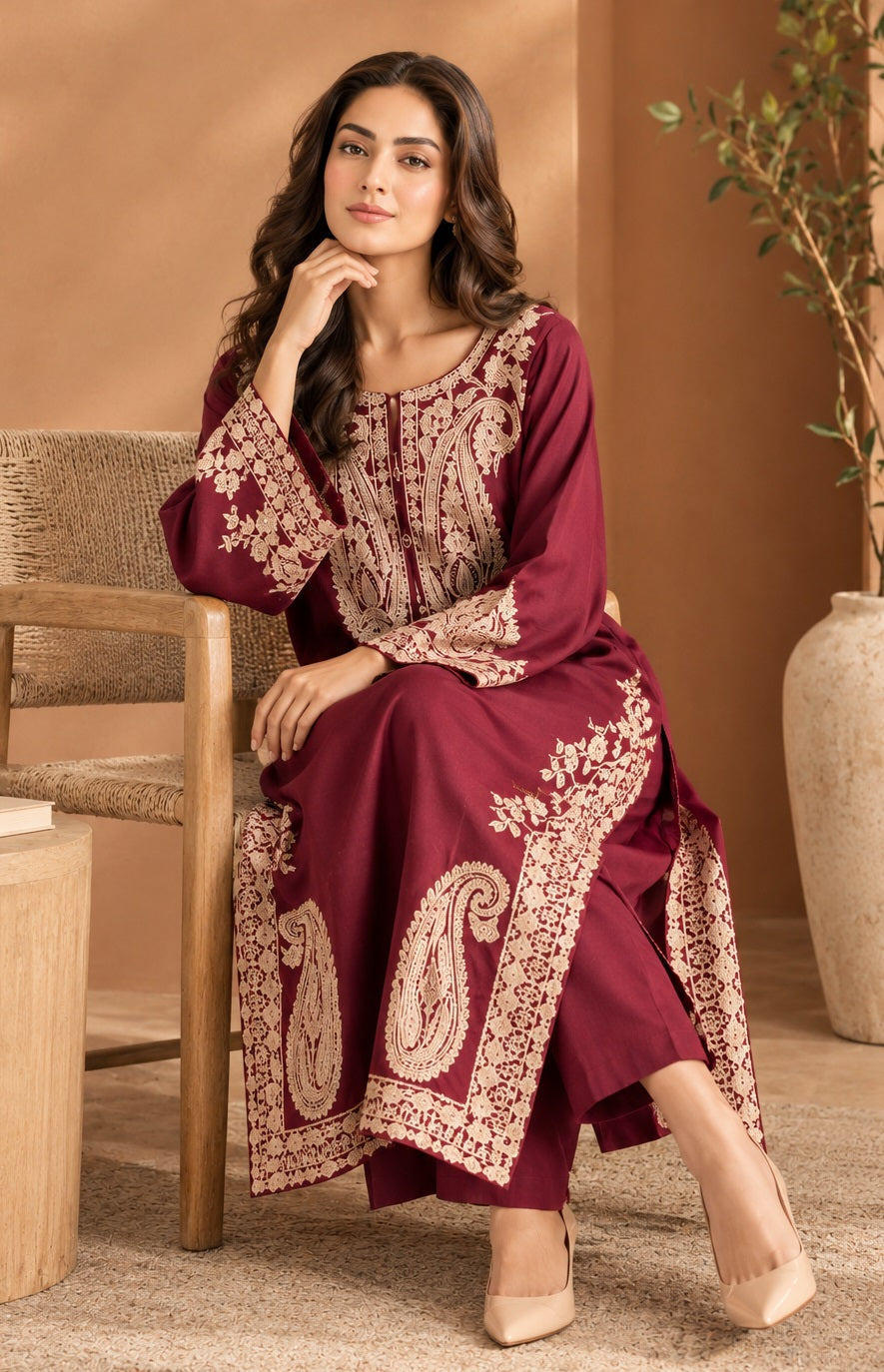 Poshkari Mahveen Luxury Dhanak Lawn Embroidered 2Pc Unstitched Kaftan Suit PA-200