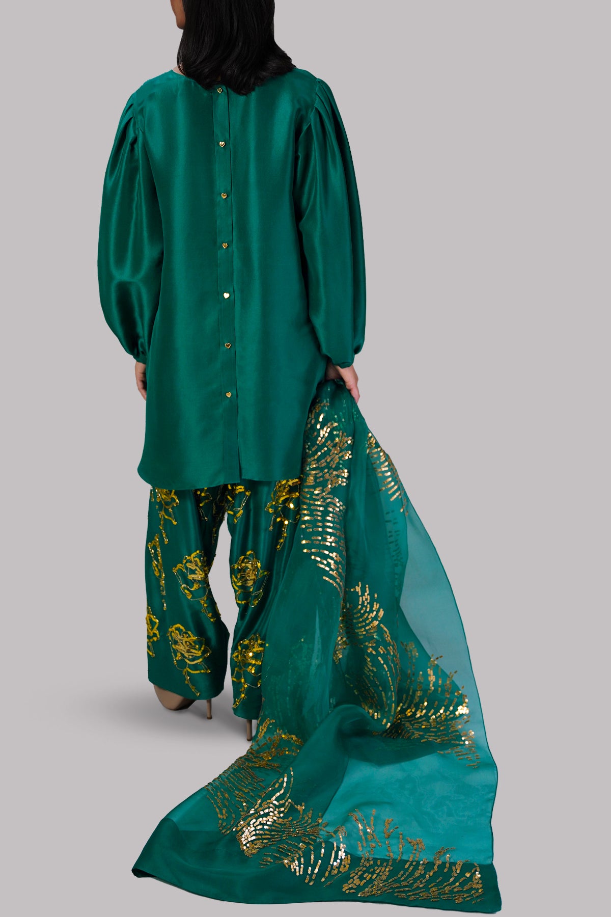 Galapagos Green Embellished Raw Silk Set
