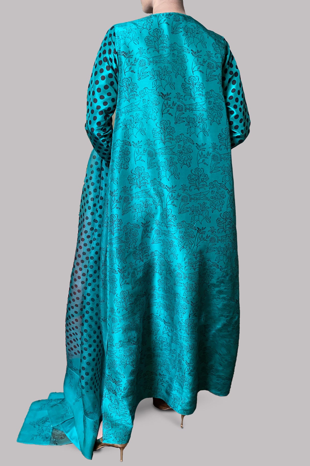 Ultramarine Green Block Printed Silk Maxi Dress Set