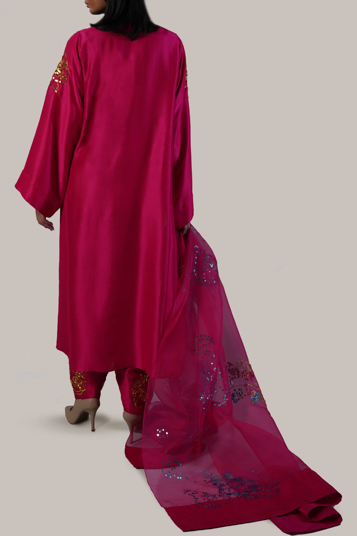 Virtual Pink Embellished Raw Silk Set