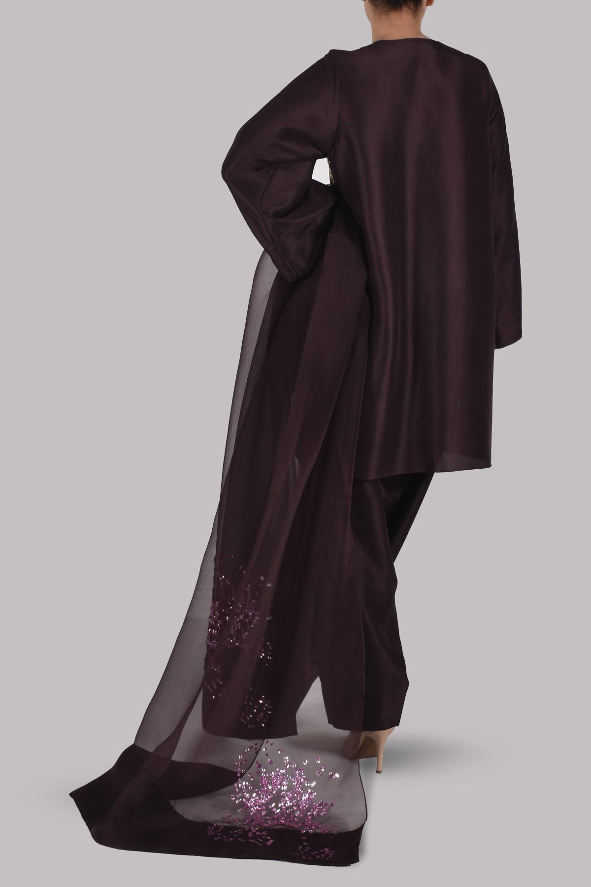 Black Coffee Embellished Raw Silk Set