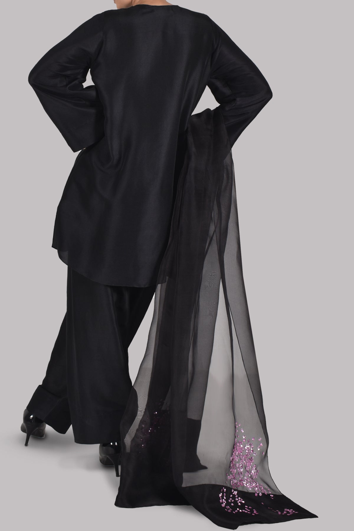 Black Embellished Raw Silk Set