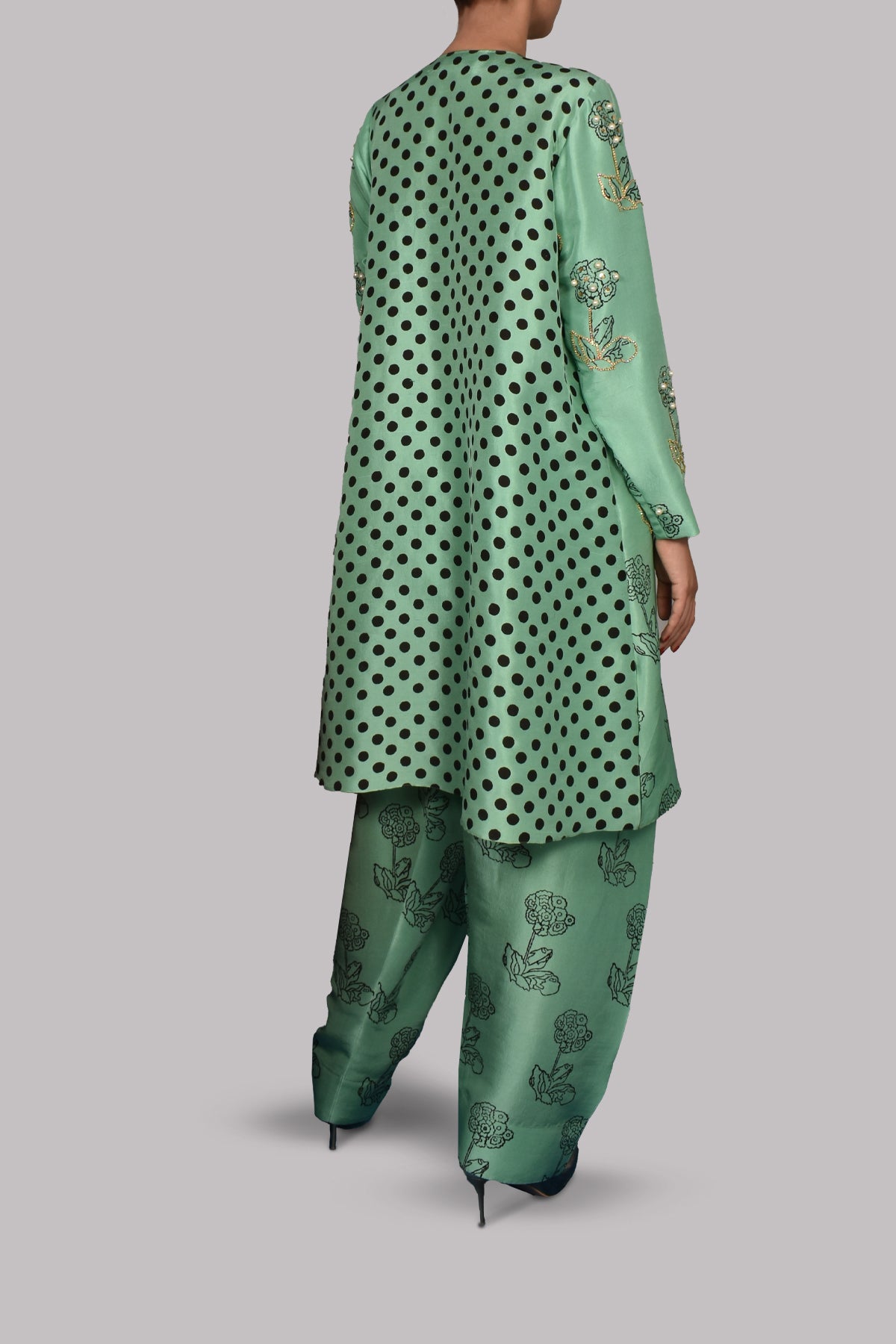 Neptune Green Block Print Embellished Raw Silk Tunic Set